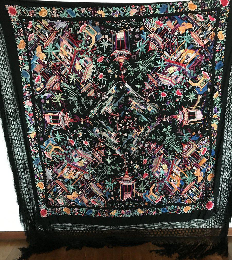 1145 Ricamo bifacciale antico Manila Manton - Ricamo cantonese-WOVENSOULS-Arredamento artistico-tessile-vintage-antico