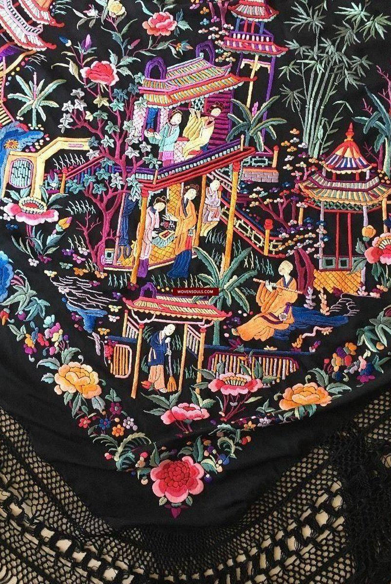 1145 Antique Double Sided Embroidery Manila Manton - Cantonese Embroidery-WOVENSOULS-Antique-Vintage-Textiles-Art-Decor