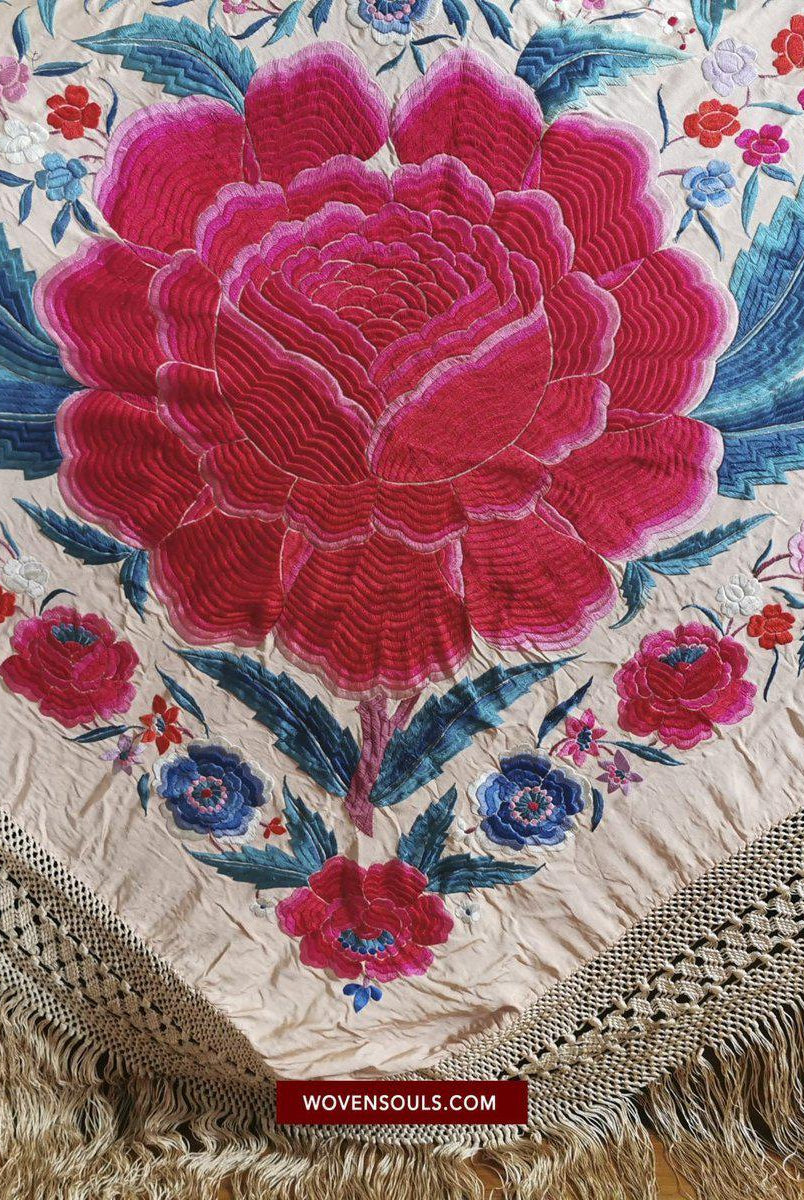 1146 Antik Floral Manila Manton Kantonesischer Schal mit doppelseitiger Stickerei-WOVENSOULS-Antike-Vintage-Textilien-Kunst-Dekor