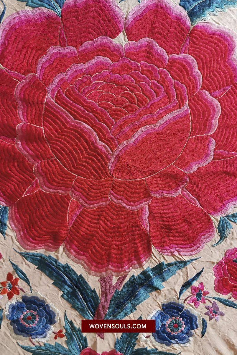 1146 Antik Floral Manila Manton Kantonesischer Schal mit doppelseitiger Stickerei-WOVENSOULS-Antike-Vintage-Textilien-Kunst-Dekor