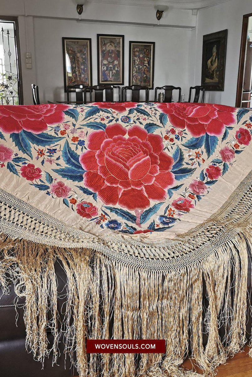 1146 Antique Floral Manila Manton Cantonese Shawl with Double Sided Embroidery-WOVENSOULS-Antique-Vintage-Textiles-Art-Decor
