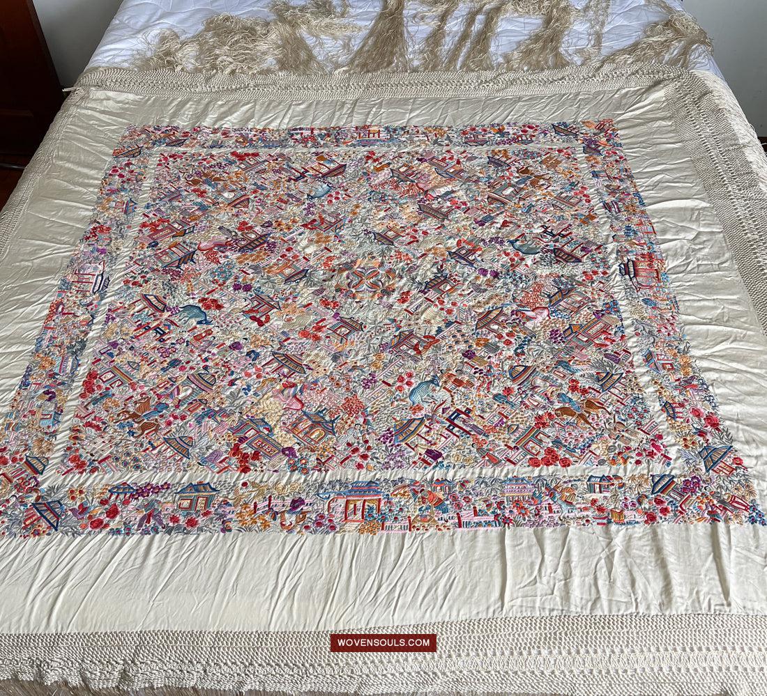 1147 Antique Double Sided Embroidery Manila Manton - Cantonese Embroidery-WOVENSOULS Antique Textiles & Art Gallery