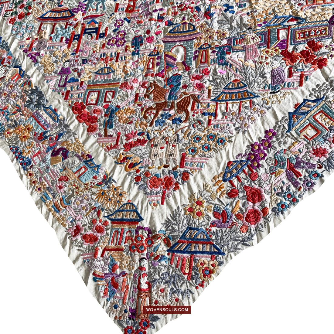 1147 Antique Double Sided Embroidery Manila Manton - Cantonese Embroidery-WOVENSOULS Antique Textiles & Art Gallery