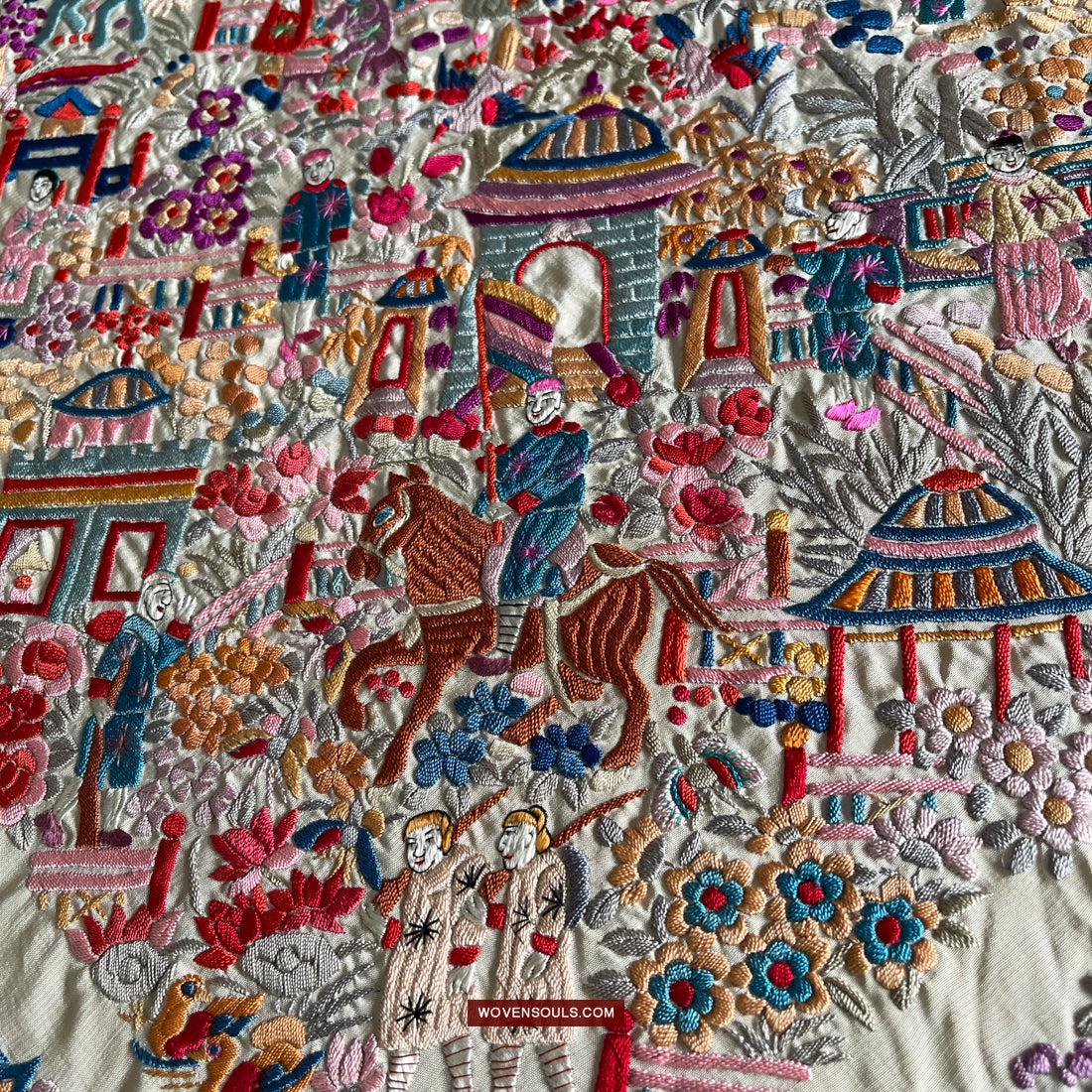 1147 Antique Double Sided Embroidery Manila Manton - Cantonese Embroidery-WOVENSOULS Antique Textiles & Art Gallery