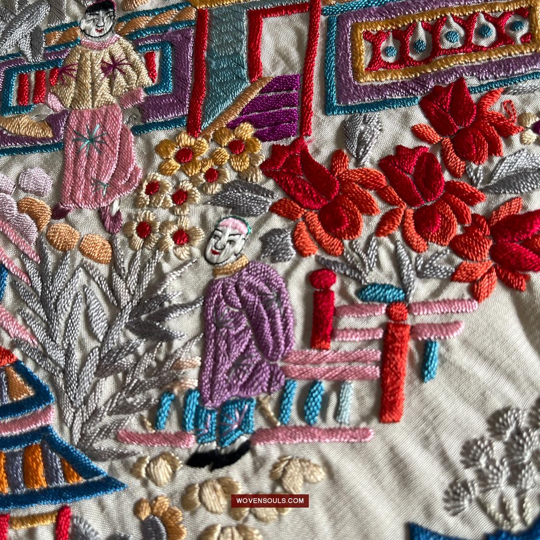 1147 Antique Double Sided Embroidery Manila Manton - Cantonese Embroidery-WOVENSOULS Antique Textiles & Art Gallery