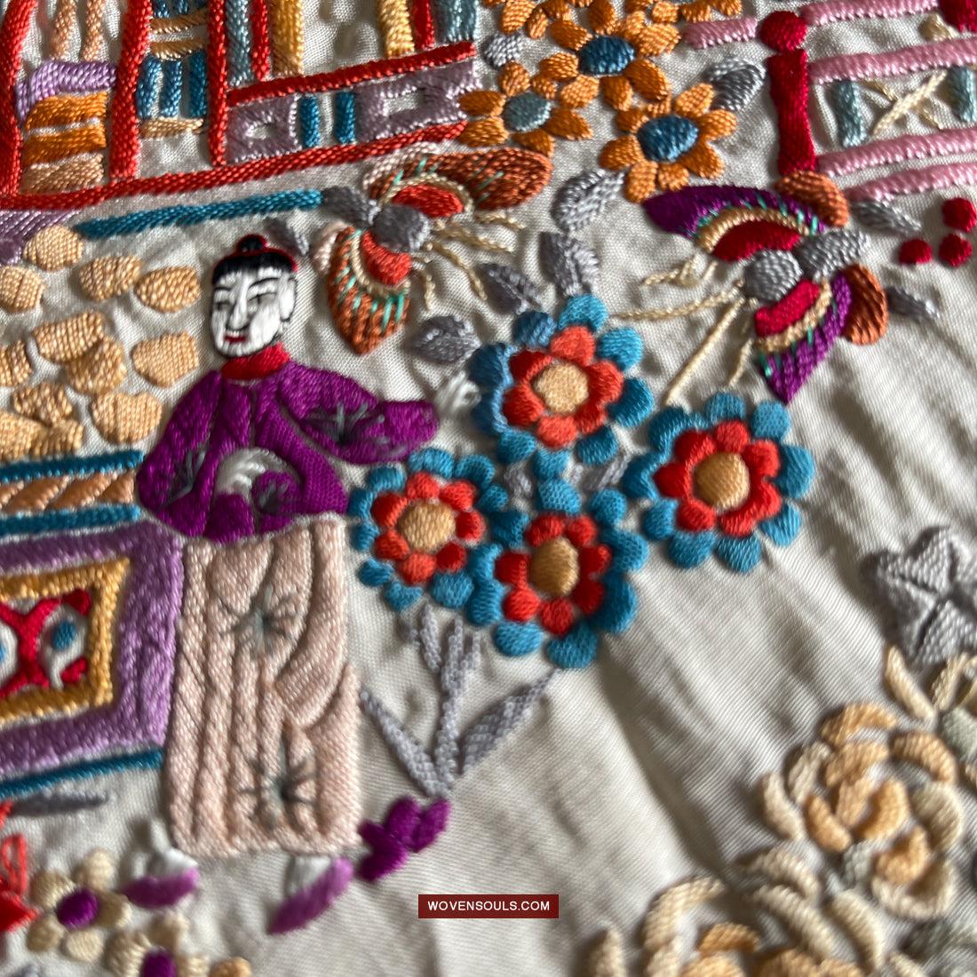 1147 Antique Double Sided Embroidery Manila Manton - Cantonese Embroidery-WOVENSOULS Antique Textiles & Art Gallery