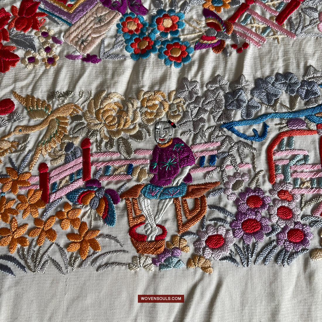1147 Antique Double Sided Embroidery Manila Manton - Cantonese Embroidery-WOVENSOULS Antique Textiles & Art Gallery