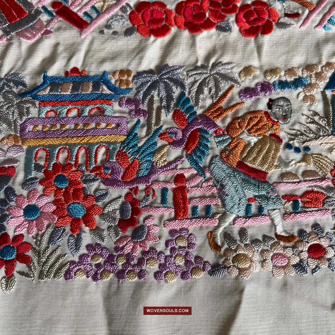 1147 Antique Double Sided Embroidery Manila Manton - Cantonese Embroidery-WOVENSOULS Antique Textiles & Art Gallery