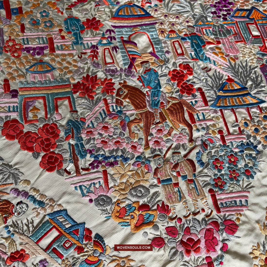 1147 Antique Double Sided Embroidery Manila Manton - Cantonese Embroidery-WOVENSOULS Antique Textiles & Art Gallery