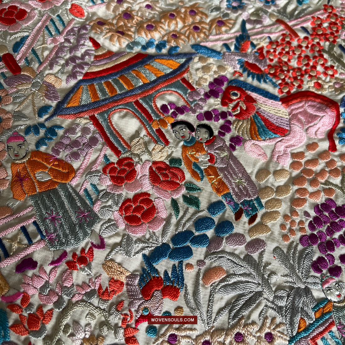 1147 Antique Double Sided Embroidery Manila Manton - Cantonese Embroidery-WOVENSOULS Antique Textiles & Art Gallery