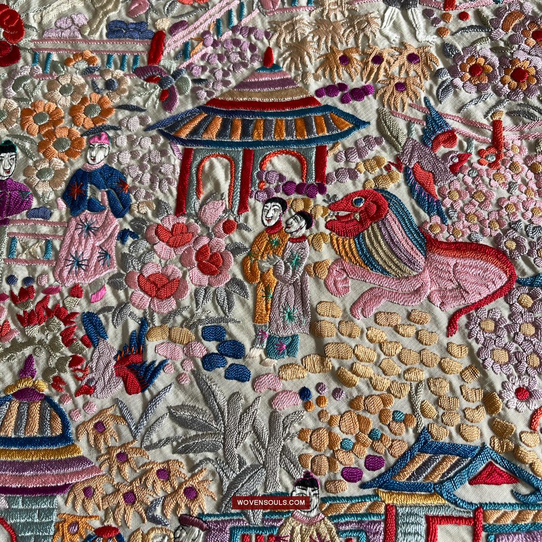1147 Antique Double Sided Embroidery Manila Manton - Cantonese Embroidery-WOVENSOULS Antique Textiles & Art Gallery
