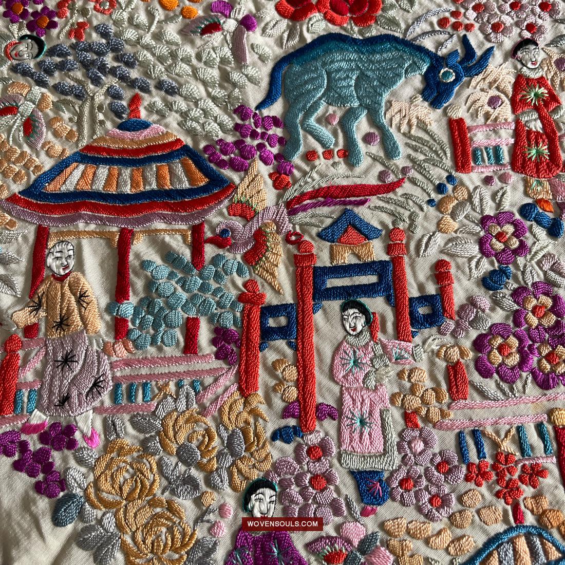 1147 Antique Double Sided Embroidery Manila Manton - Cantonese Embroidery-WOVENSOULS Antique Textiles & Art Gallery