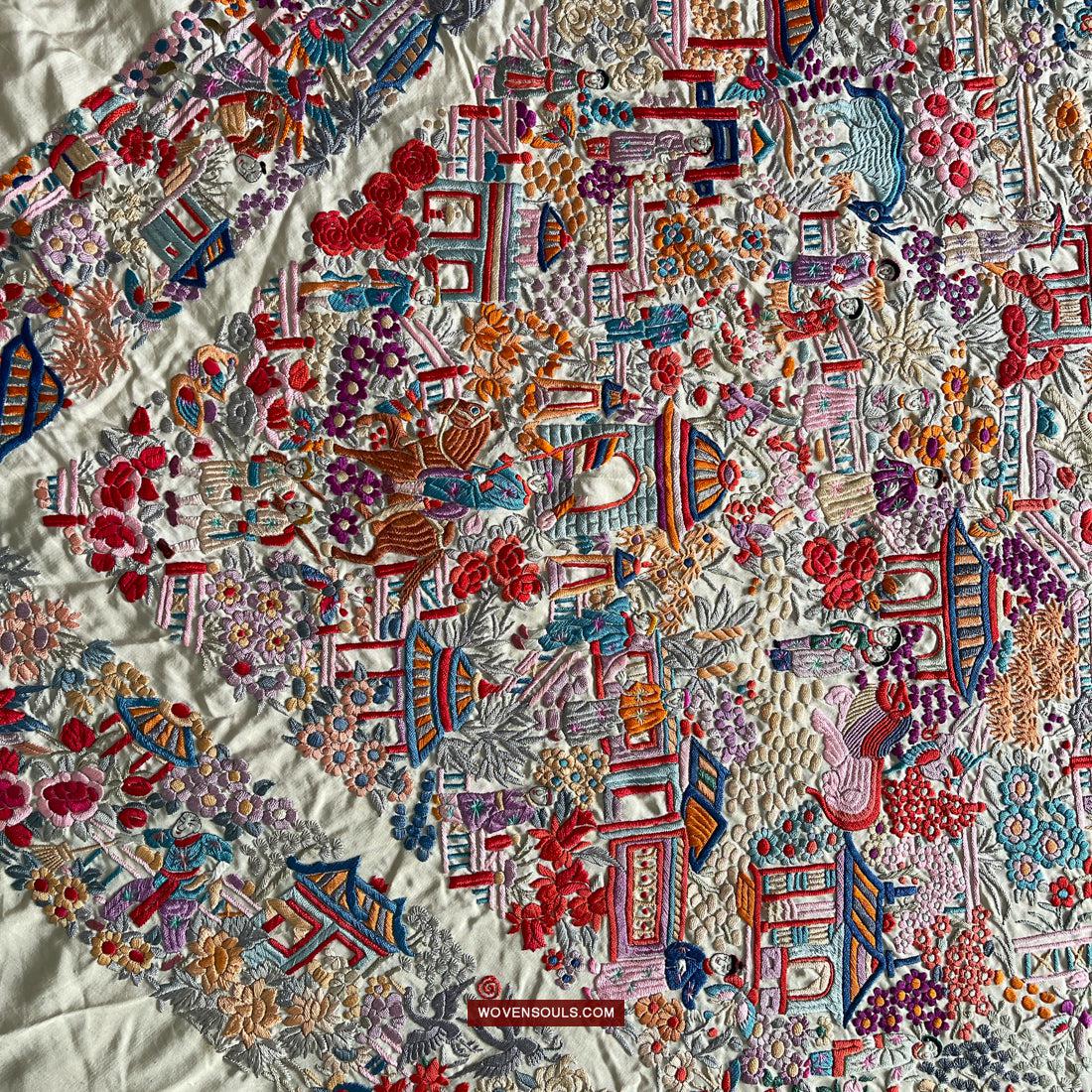 1147 Antique Double Sided Embroidery Manila Manton - Cantonese Embroidery-WOVENSOULS Antique Textiles & Art Gallery