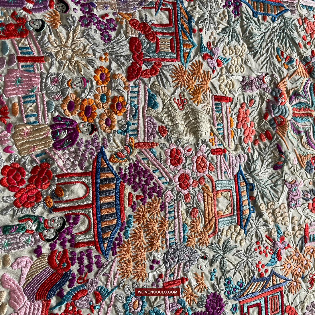 1147 Antique Double Sided Embroidery Manila Manton - Cantonese Embroidery-WOVENSOULS Antique Textiles & Art Gallery