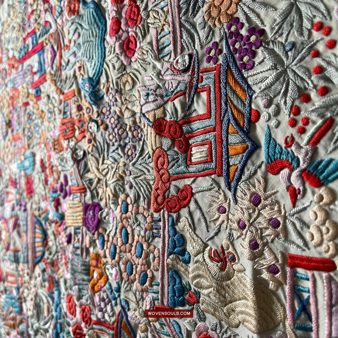 1147 Antique Double Sided Embroidery Manila Manton - Cantonese Embroidery-WOVENSOULS Antique Textiles & Art Gallery