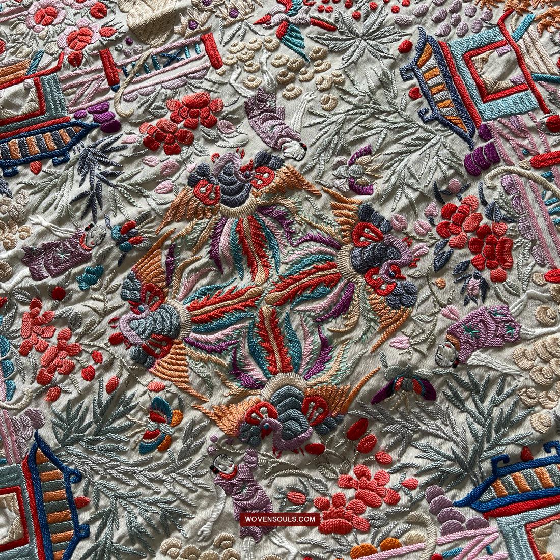 1147 Antique Double Sided Embroidery Manila Manton - Cantonese Embroidery-WOVENSOULS Antique Textiles & Art Gallery