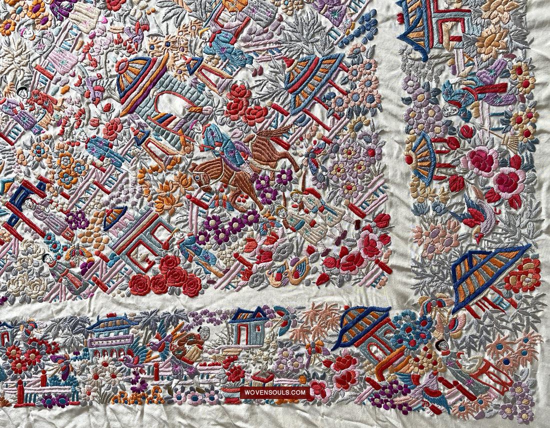 1147 Antique Double Sided Embroidery Manila Manton - Cantonese Embroidery-WOVENSOULS Antique Textiles & Art Gallery