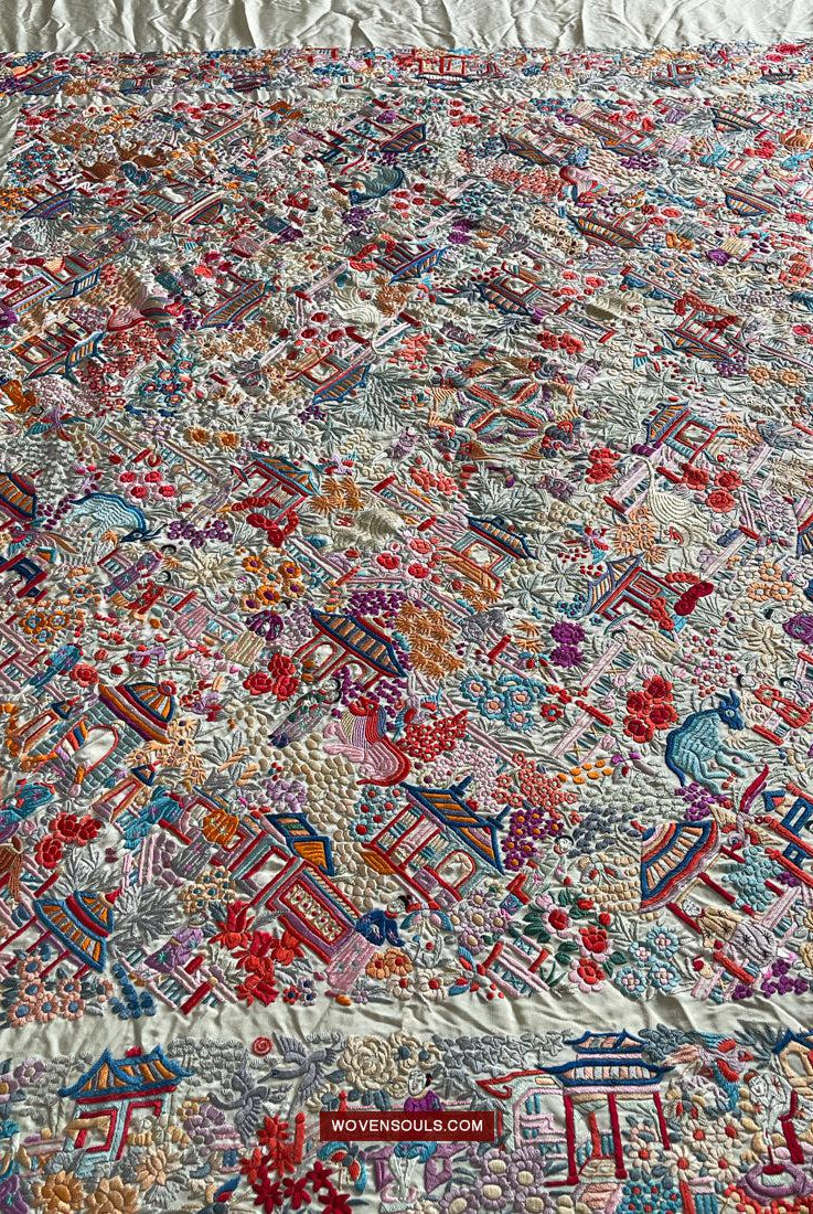 1147 Antike doppelseitige Stickerei Manila Manton - Kantonesische Stickerei-WOVENSOULS Galerie für antike Textilien und Kunst