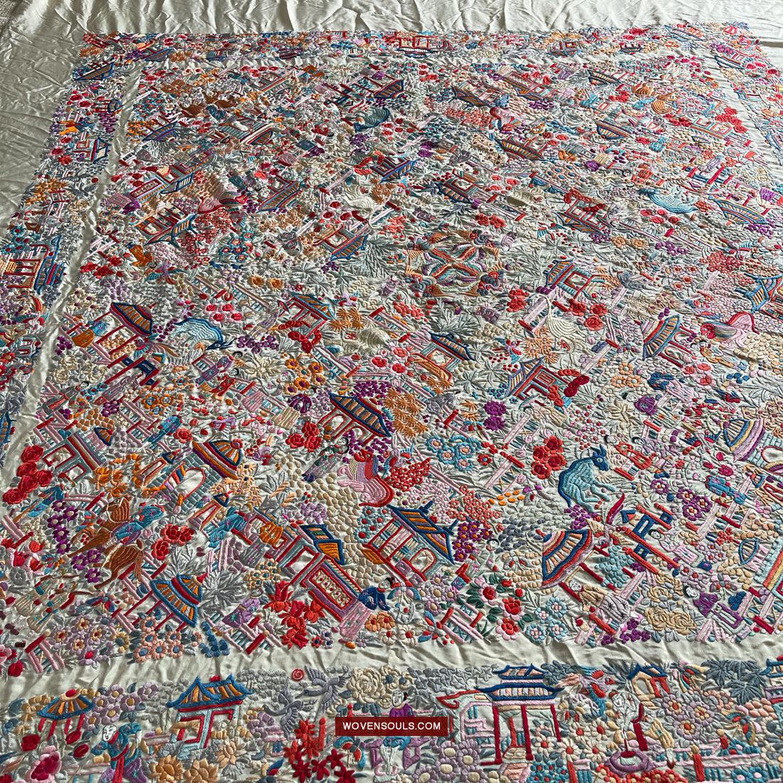 1147 Antique Double Sided Embroidery Manila Manton - Cantonese Embroidery-WOVENSOULS Antique Textiles & Art Gallery