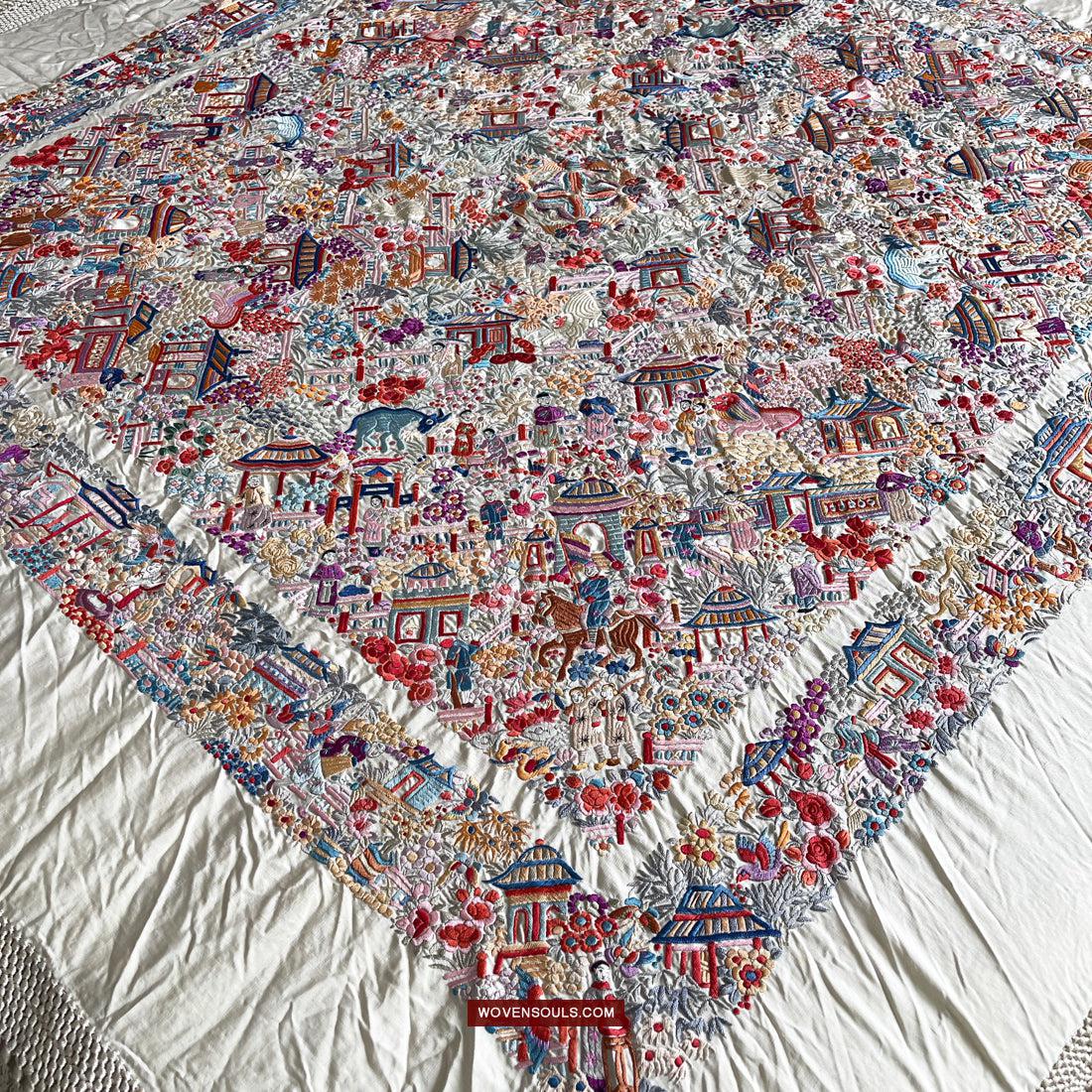 1147 Antique Double Sided Embroidery Manila Manton - Cantonese Embroidery-WOVENSOULS Antique Textiles & Art Gallery