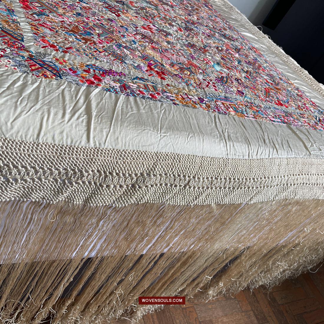 1147 Antique Double Sided Embroidery Manila Manton - Cantonese Embroidery-WOVENSOULS Antique Textiles & Art Gallery