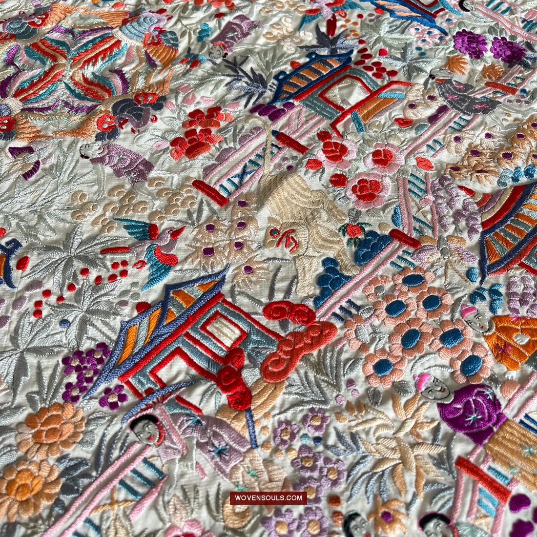 1147 Antique Double Sided Embroidery Manila Manton - Cantonese Embroidery-WOVENSOULS Antique Textiles & Art Gallery