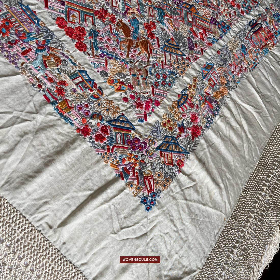 1147 Antique Double Sided Embroidery Manila Manton - Cantonese Embroidery-WOVENSOULS Antique Textiles & Art Gallery