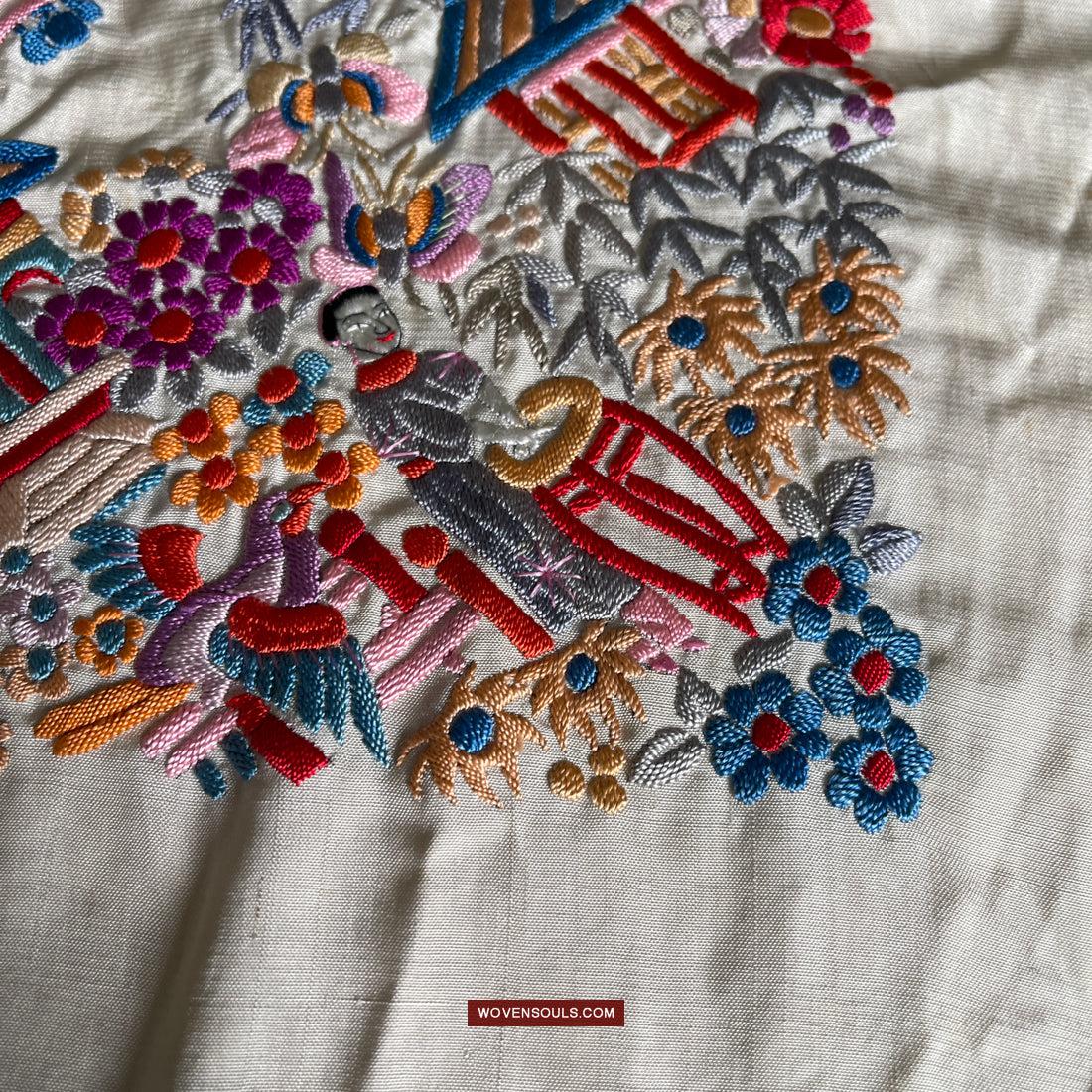 1147 Antique Double Sided Embroidery Manila Manton - Cantonese Embroidery-WOVENSOULS Antique Textiles & Art Gallery