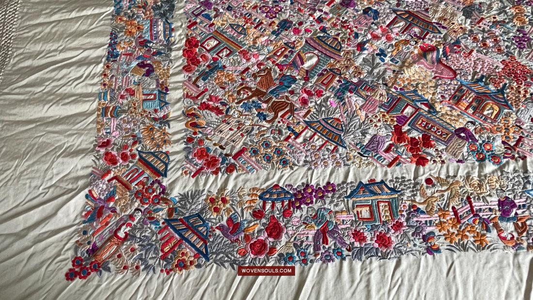 1147 Antique Double Sided Embroidery Manila Manton - Cantonese Embroidery-WOVENSOULS Antique Textiles & Art Gallery
