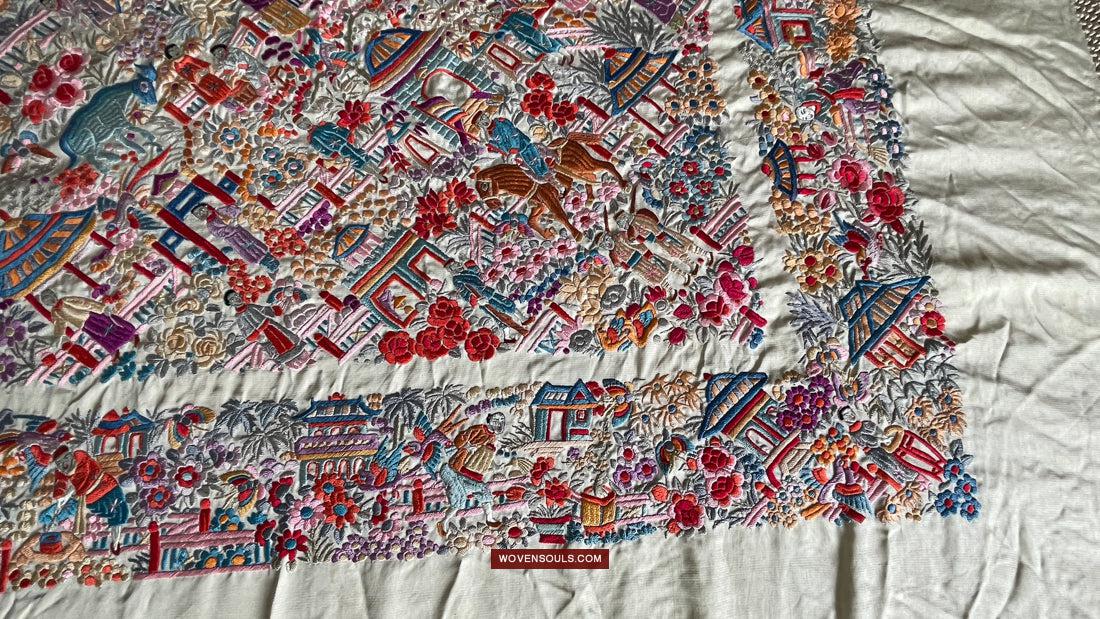 1147 Antique Double Sided Embroidery Manila Manton - Cantonese Embroidery-WOVENSOULS Antique Textiles & Art Gallery