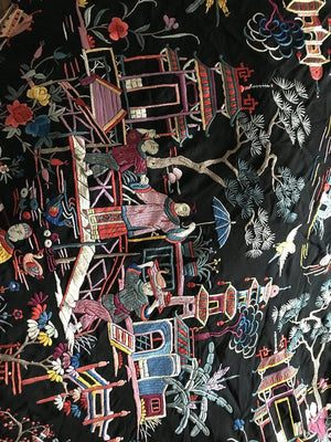 1149 Antique Double Sided Embroidery Manila Manton - Cantonese Embroidery - Village Scenes-WOVENSOULS-Antique-Vintage-Textiles-Art-Decor