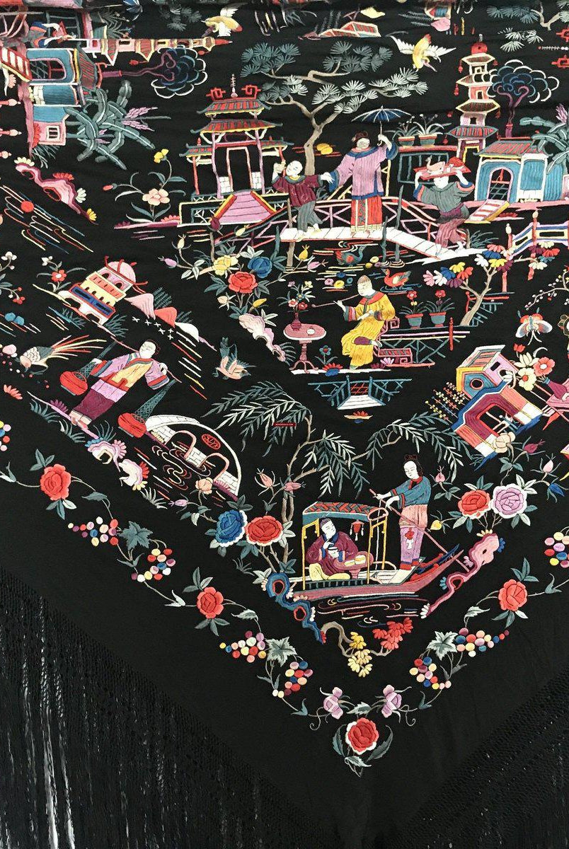 1149 Antique Double Sided Embroidery Manila Manton - Cantonese Embroidery - Village Scenes-WOVENSOULS-Antique-Vintage-Textiles-Art-Decor