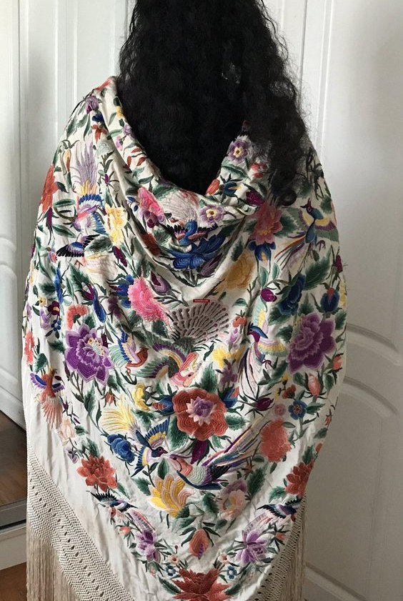 1150 Antique Double Sided Embroidery Manila Manton - Cantonese Embroidery WHite base-WOVENSOULS-Antique-Vintage-Textiles-Art-Decor