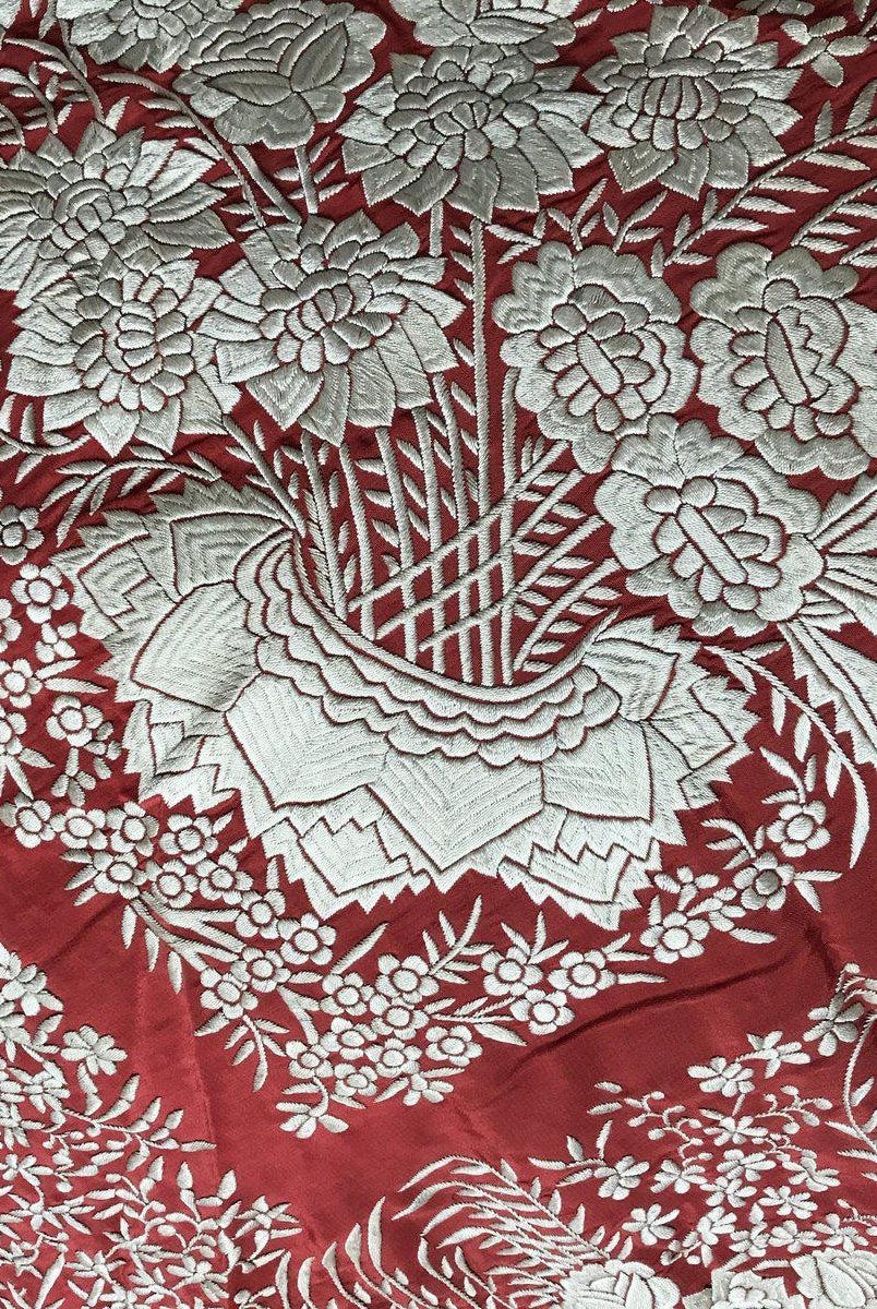 1151 SOLD Antique Double Sided Embroidery Manila Manton - Cantonese Embroidery with Cherry Red / Apricot Base-WOVENSOULS-Antique-Vintage-Textiles-Art-Decor