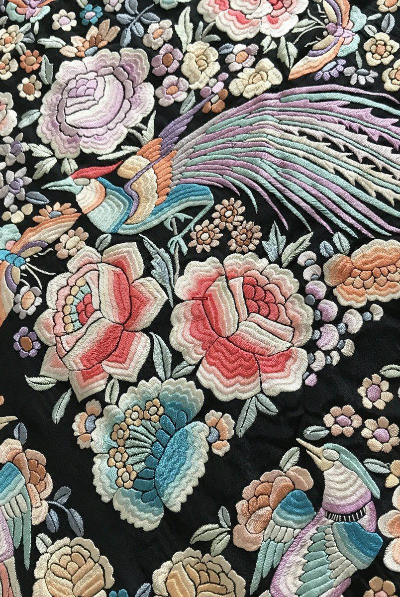 1152 Antique Double Sided Embroidery Manila Manton - Cantonese Embroidery with Peacocks-WOVENSOULS-Antique-Vintage-Textiles-Art-Decor