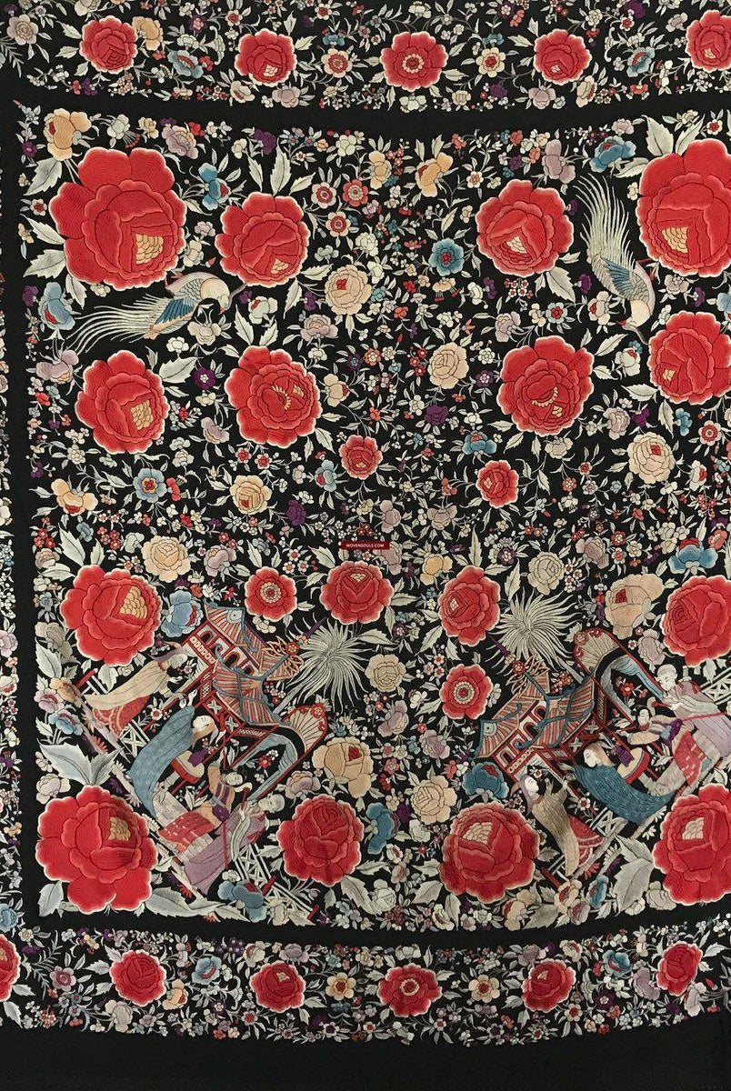 1156 Antike doppelseitige Stickerei Manila Manton - Kantonesische Stickerei-WOVENSOULS-Antike-Vintage-Textilien-Kunst-Dekor