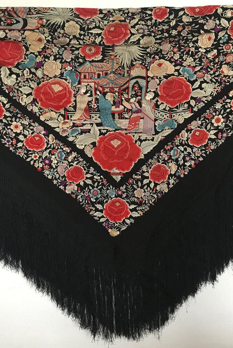 1156 Antique Double Sided Embroidery Manila Manton - Cantonese Embroidery-WOVENSOULS-Antique-Vintage-Textiles-Art-Decor