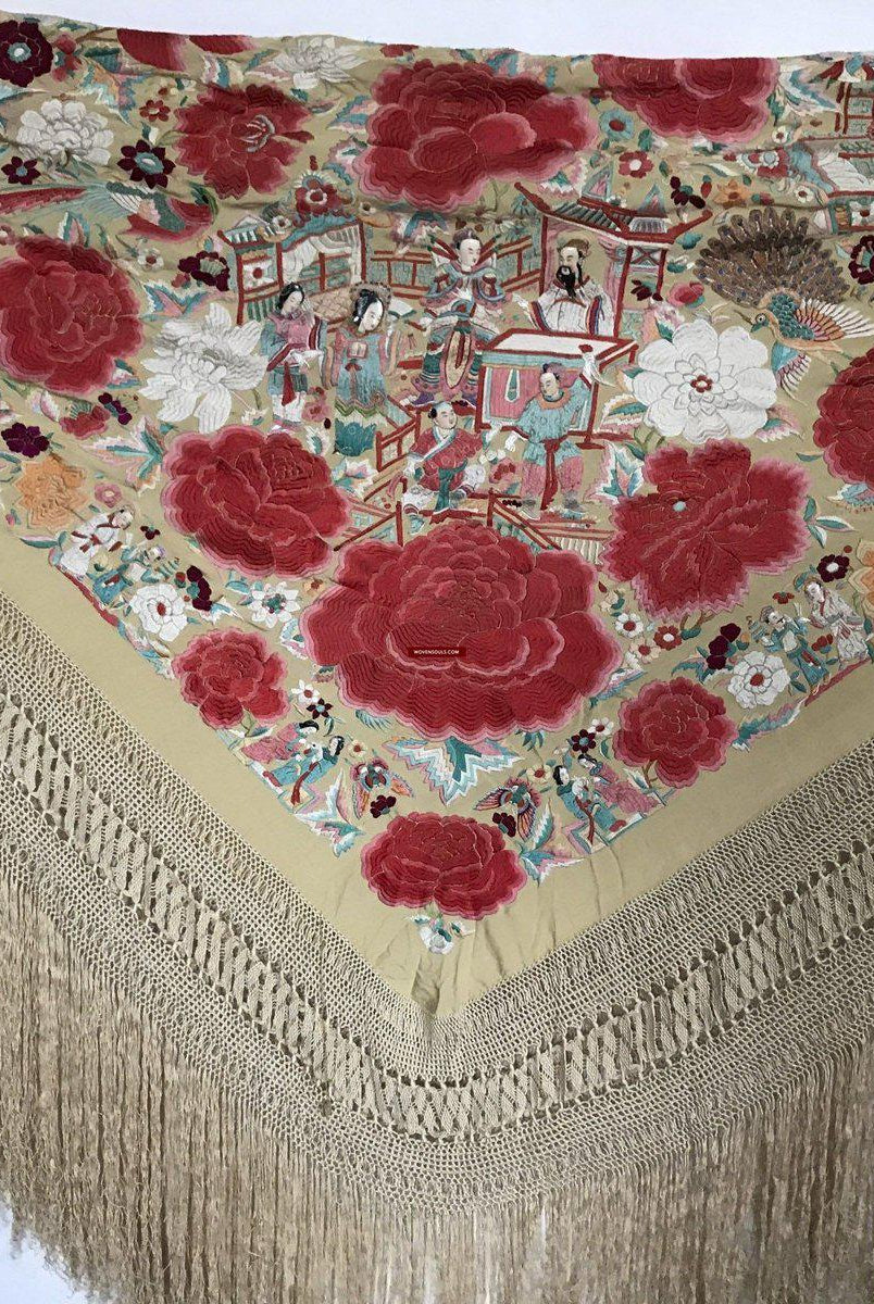 1157 Antique Double Sided Embroidery Manila Manton - Cantonese Embroidery with faces-WOVENSOULS-Antique-Vintage-Textiles-Art-Decor