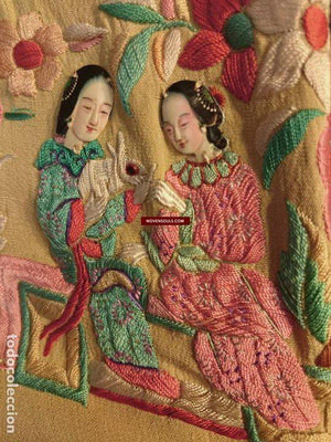 1157 Antique Double Sided Embroidery Manila Manton - Cantonese Embroidery with faces-WOVENSOULS-Antique-Vintage-Textiles-Art-Decor