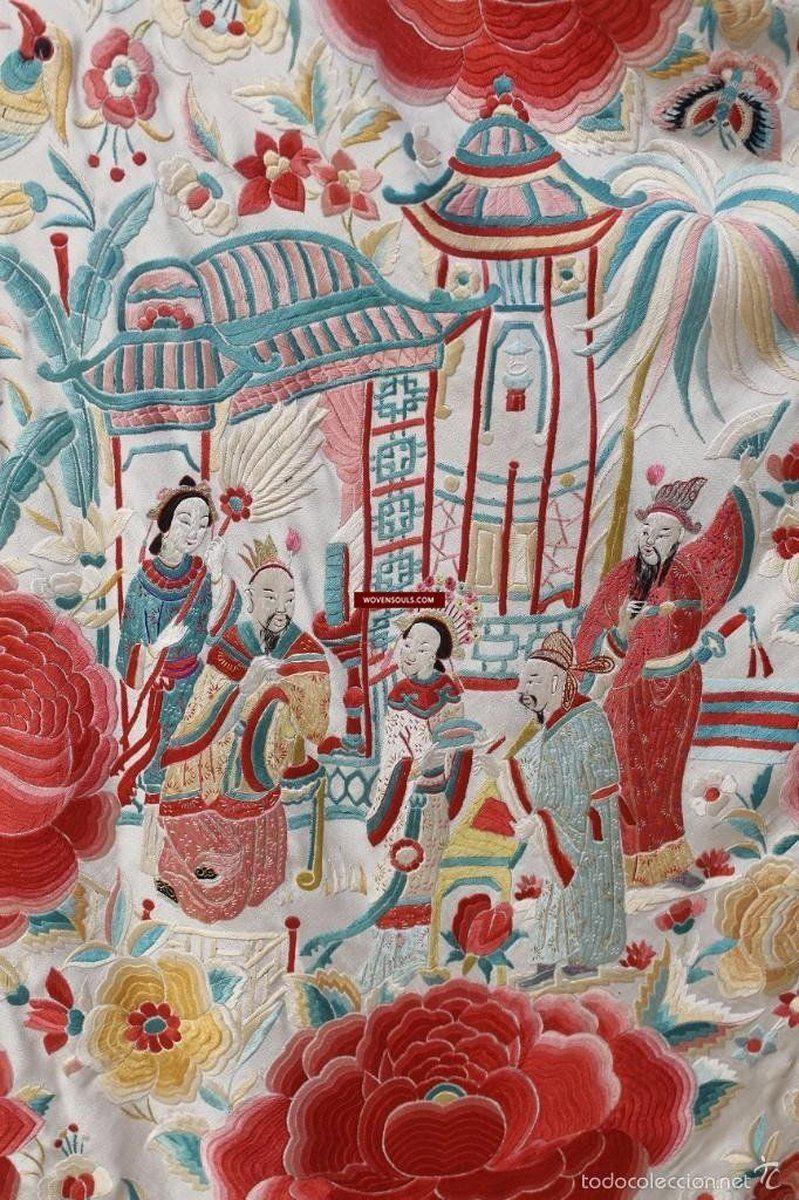 1160 Antique Double Sided Embroidery Manila Manton - Cantonese Embroidery - White Base-WOVENSOULS-Antique-Vintage-Textiles-Art-Decor