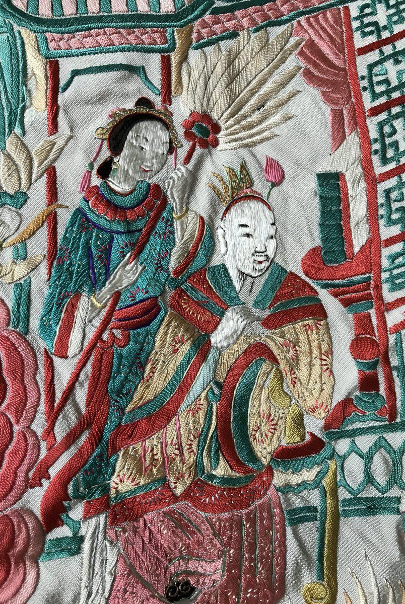 1160 Antike doppelseitige Stickerei Manila Manton - Kantonesische Stickerei - Weiße Basis-WOVENSOULS-Antike-Vintage-Textilien-Kunst-Dekor