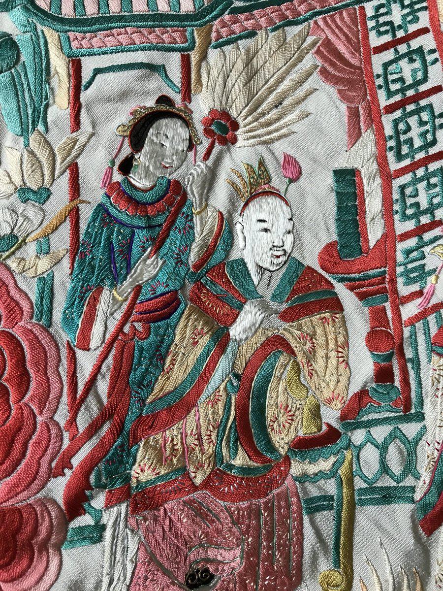 1160 Antique Double Sided Embroidery Manila Manton - Cantonese Embroidery - White Base-WOVENSOULS-Antique-Vintage-Textiles-Art-Decor