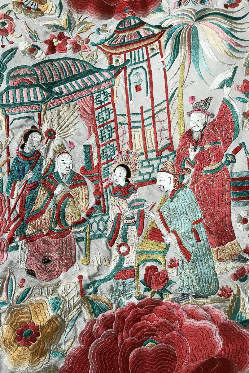 1160 Antique Double Sided Embroidery Manila Manton - Cantonese Embroidery - White Base-WOVENSOULS-Antique-Vintage-Textiles-Art-Decor