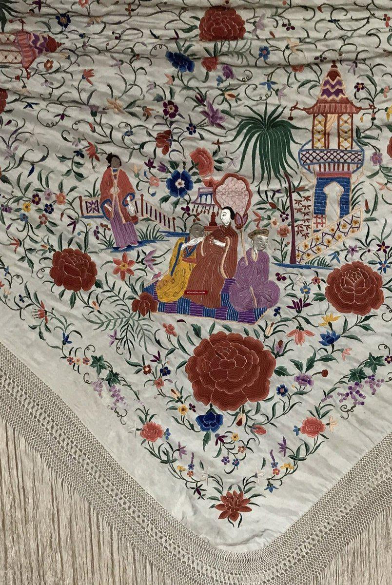 1161 Antique Double Sided Embroidery Manila Manton - Cantonese Embroidery - White Base-WOVENSOULS-Antique-Vintage-Textiles-Art-Decor
