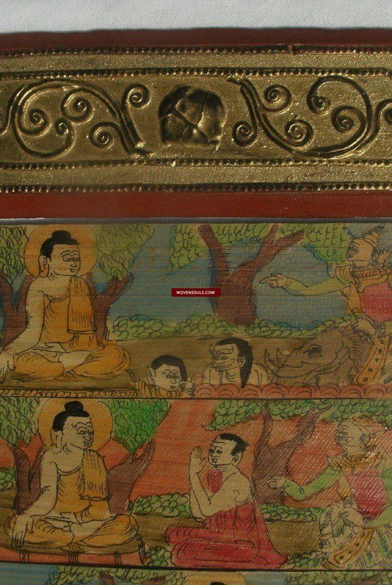 1163 Antique Burmese Parabaik Manuscript on Palm Leaf-WOVENSOULS-Antique-Vintage-Textiles-Art-Decor