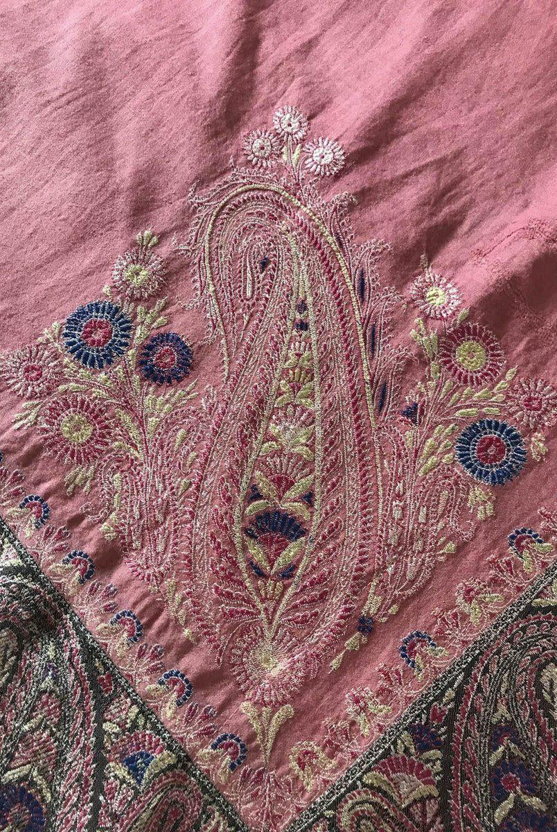 1165 SOLD Antique Kashmir Shawl Masterpiece Fragment - Pink Field with Silk - Rare-WOVENSOULS-Antique-Vintage-Textiles-Art-Decor