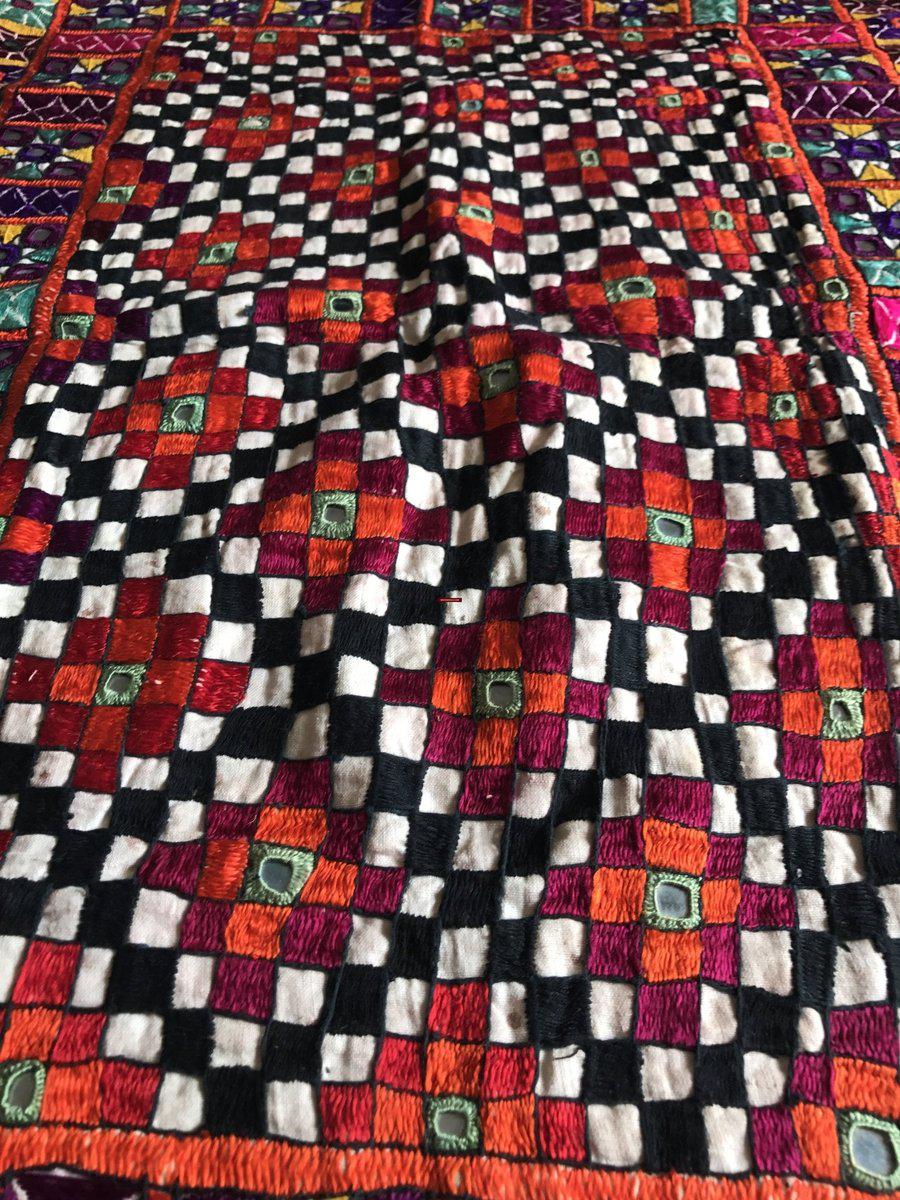 1171 SOLD Vintage Ghodiyu Cradle Cloth - Embroidered Checkerboard - Indian Textile Art-WOVENSOULS-Antique-Vintage-Textiles-Art-Decor