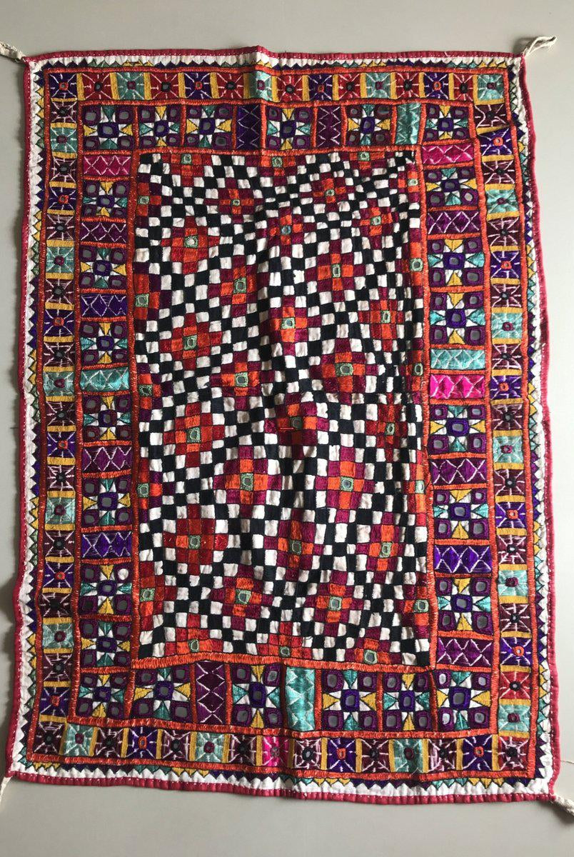 1171 SOLD Vintage Ghodiyu Cradle Cloth - Embroidered Checkerboard - Indian Textile Art-WOVENSOULS-Antique-Vintage-Textiles-Art-Decor