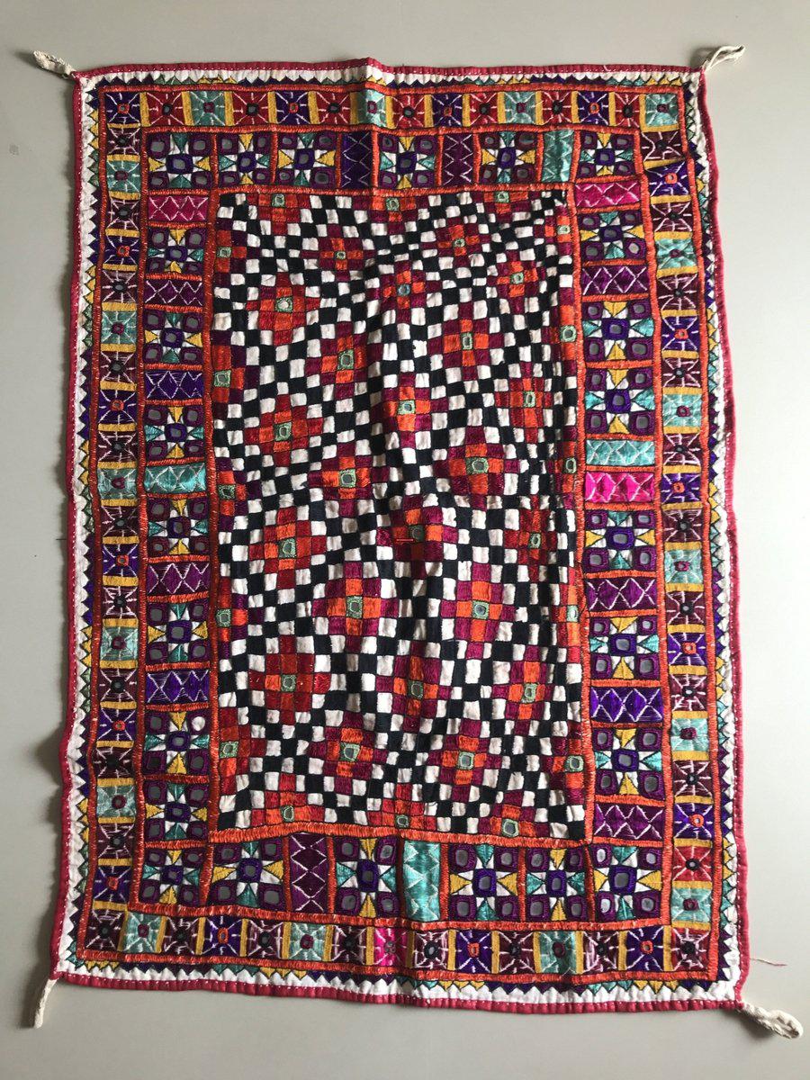 1171 SOLD Vintage Ghodiyu Cradle Cloth - Embroidered Checkerboard - Indian Textile Art-WOVENSOULS-Antique-Vintage-Textiles-Art-Decor