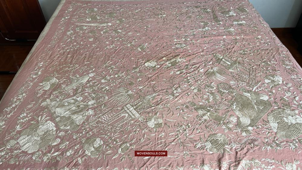 1215 Antique Double Sided Embroidery Manila Manton - Cantonese Embroidery-WOVENSOULS Antique Textiles & Art Gallery